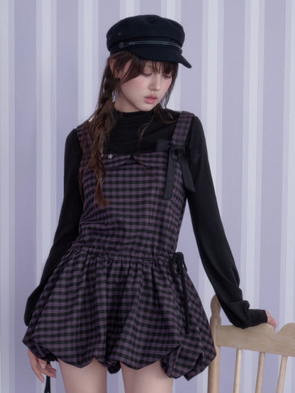 Vintage Academy Style Two Piece Purple-Black Plaid Long-Sleeve Bud Dress【s0000018789】