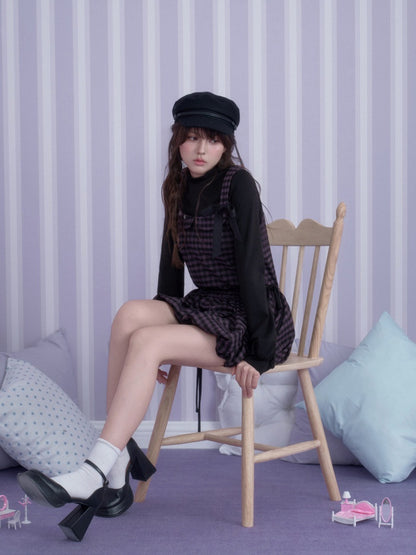 Vintage Academy Style Two Piece Purple-Black Plaid Long-Sleeve Bud Dress【s0000018789】