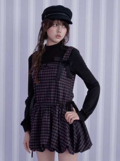 Vintage Academy Style Two Piece Purple-Black Plaid Long-Sleeve Bud Dress【s0000018789】