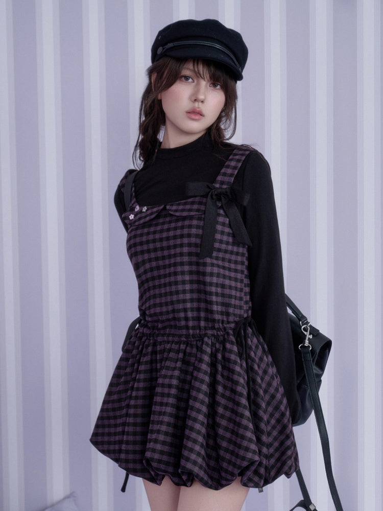 Vintage Academy Style Two Piece Purple-Black Plaid Long-Sleeve Bud Dress【s0000018789】
