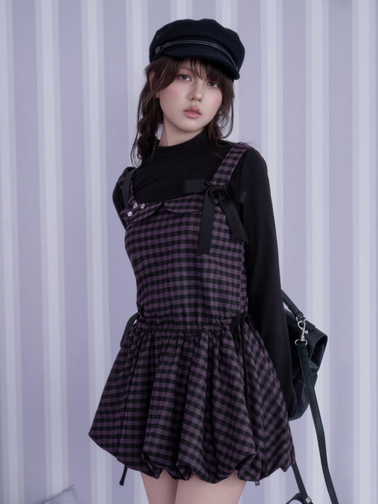 Vintage Academy Style Two Piece Purple-Black Plaid Long-Sleeve Bud Dress【s0000018789】