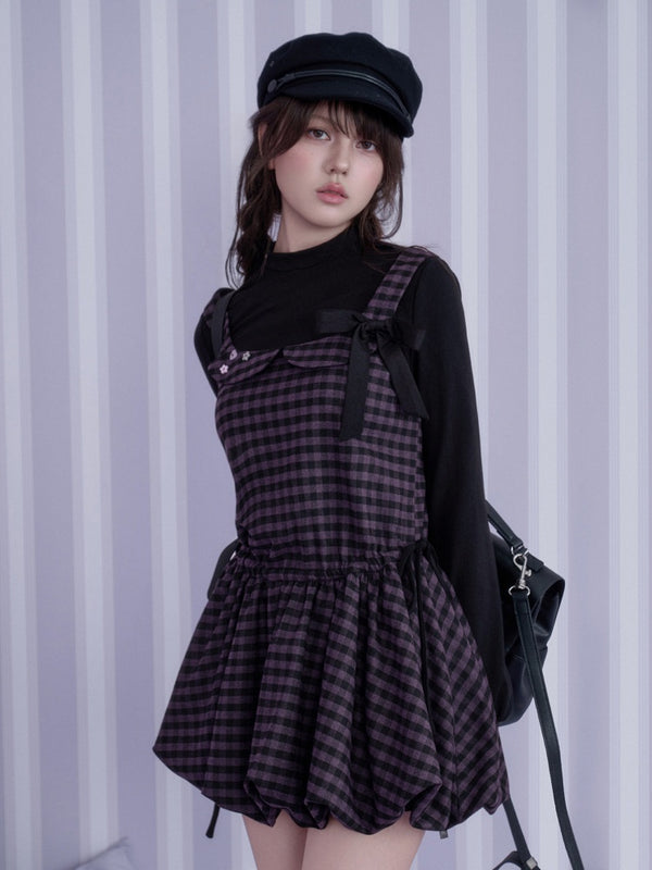 Vintage Academy Style Two Piece Purple-Black Plaid Long-Sleeve Bud Dress【s0000018789】