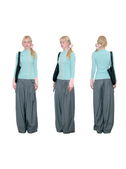 Color-Blocked Tall Collar Slimming Blue Base Knit Top【s0000018791】
