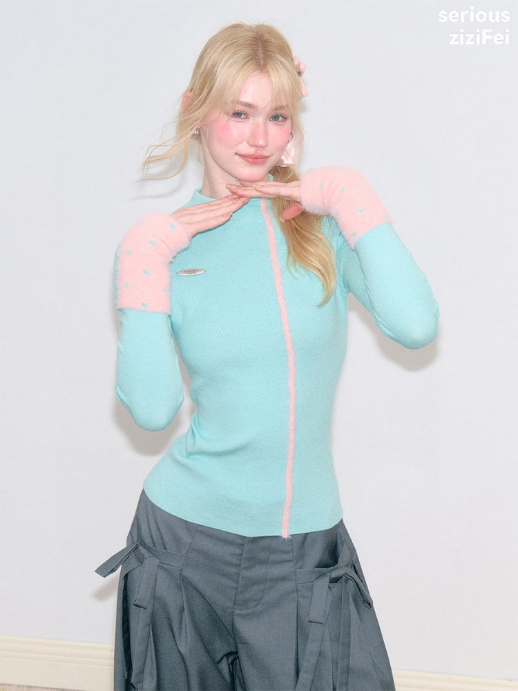 Color-Blocked Tall Collar Slimming Blue Base Knit Top【s0000018791】