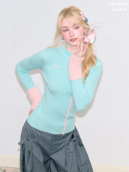 Color-Blocked Tall Collar Slimming Blue Base Knit Top【s0000018791】
