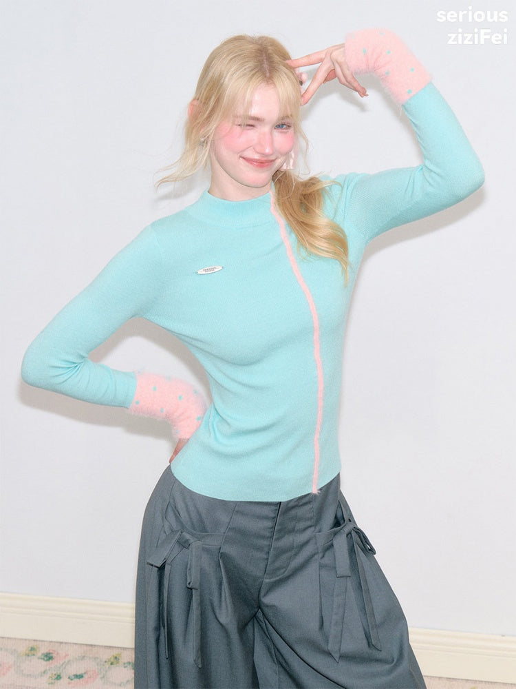 Color-Blocked Tall Collar Slimming Blue Base Knit Top【s0000018791】