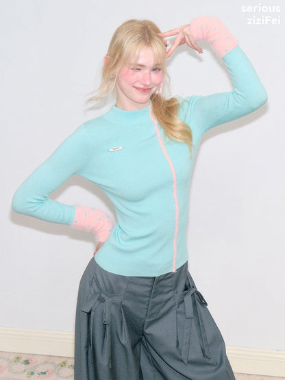 Color-Blocked Tall Collar Slimming Blue Base Knit Top【s0000018791】