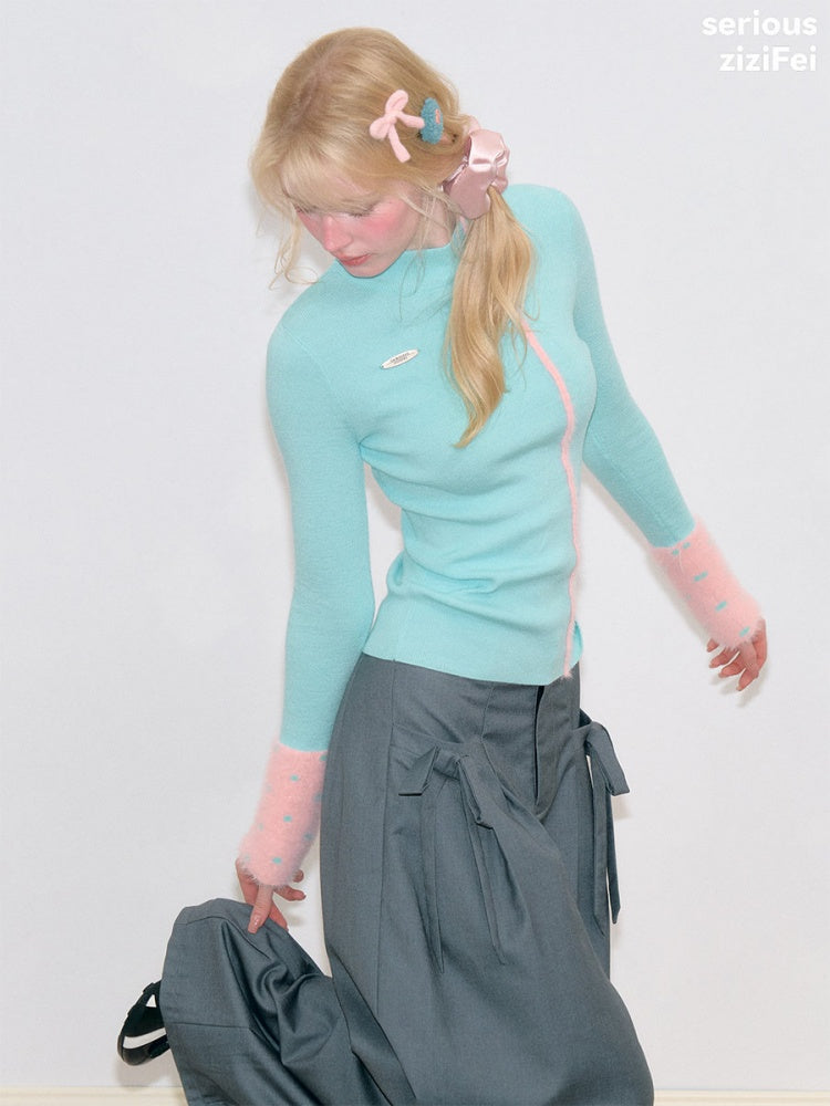 Color-Blocked Tall Collar Slimming Blue Base Knit Top【s0000018791】