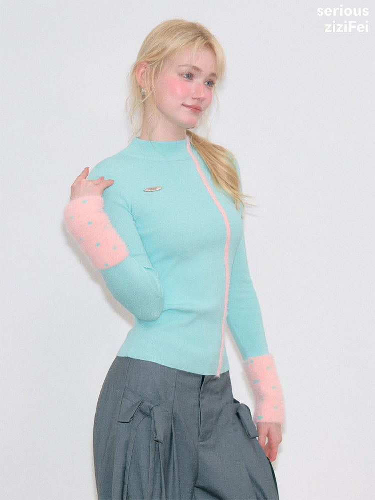 Color-Blocked Tall Collar Slimming Blue Base Knit Top【s0000018791】