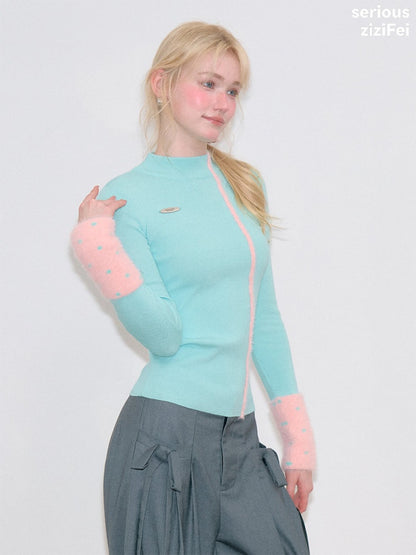 Color-Blocked Tall Collar Slimming Blue Base Knit Top【s0000018791】