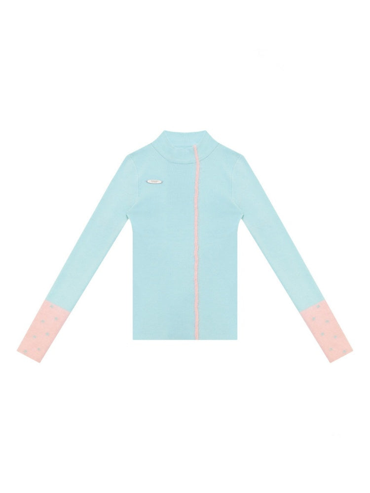 Color-Blocked Tall Collar Slimming Blue Base Knit Top【s0000018791】