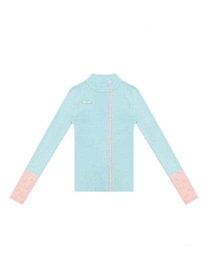 Color-Blocked Tall Collar Slimming Blue Base Knit Top【s0000018791】