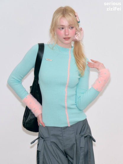 Color-Blocked Tall Collar Slimming Blue Base Knit Top【s0000018791】