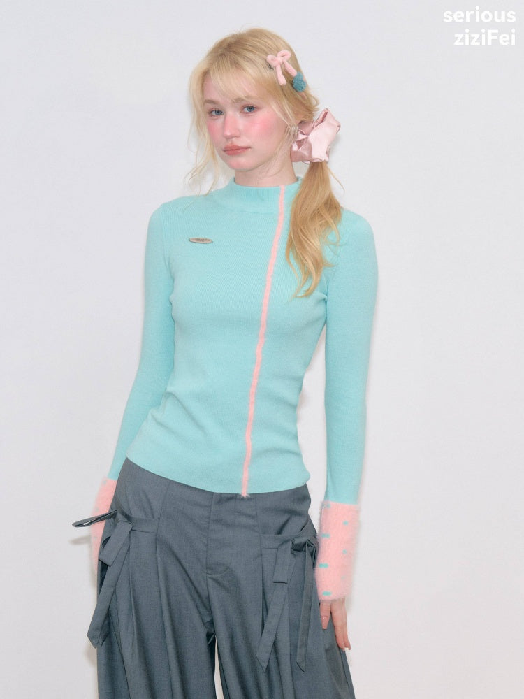 Color-Blocked Tall Collar Slimming Blue Base Knit Top【s0000018791】