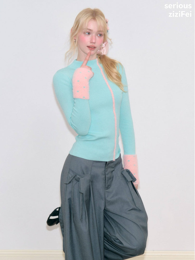 Color-Blocked Tall Collar Slimming Blue Base Knit Top【s0000018791】