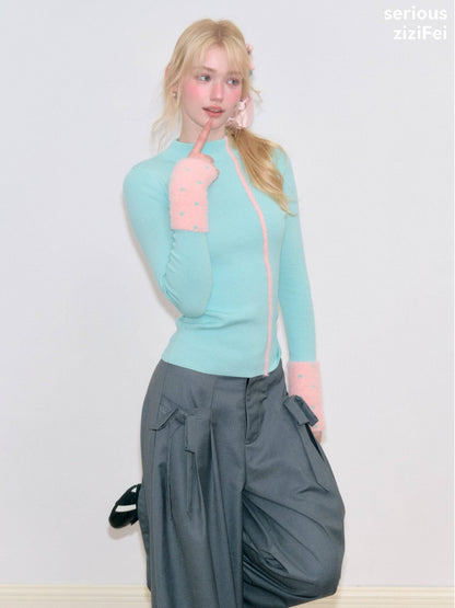 Color-Blocked Tall Collar Slimming Blue Base Knit Top【s0000018791】