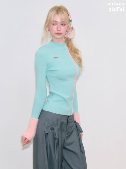 Color-Blocked Tall Collar Slimming Blue Base Knit Top【s0000018791】