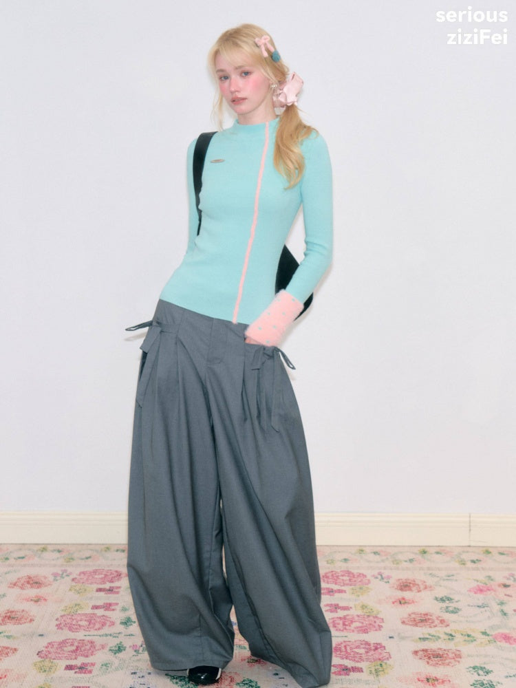 Color-Blocked Tall Collar Slimming Blue Base Knit Top【s0000018791】