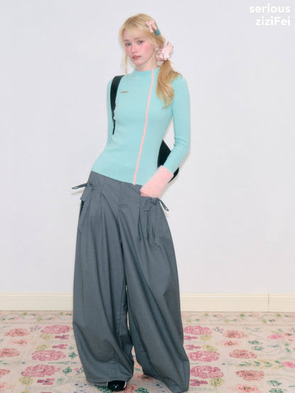 Color-Blocked Tall Collar Slimming Blue Base Knit Top【s0000018791】