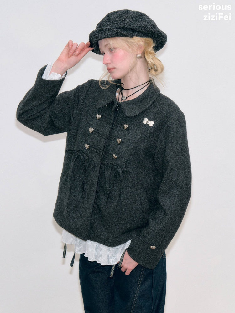Dark Gray Vintage Doll Neckline Bow Napoleon Jacket【s0000018792】
