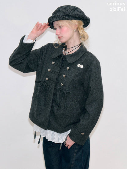 Dark Gray Vintage Doll Neckline Bow Napoleon Jacket【s0000018792】