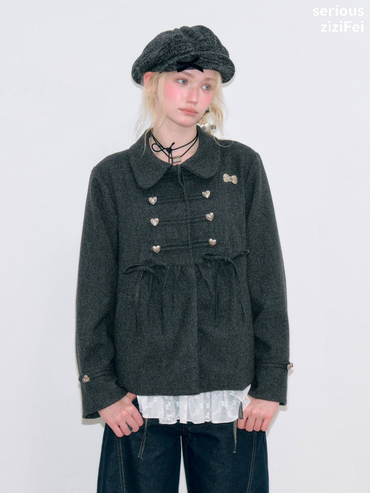 Dark Gray Vintage Doll Neckline Bow Napoleon Jacket【s0000018792】