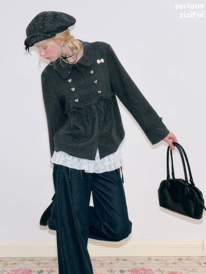 Dark Gray Vintage Doll Neckline Bow Napoleon Jacket【s0000018792】