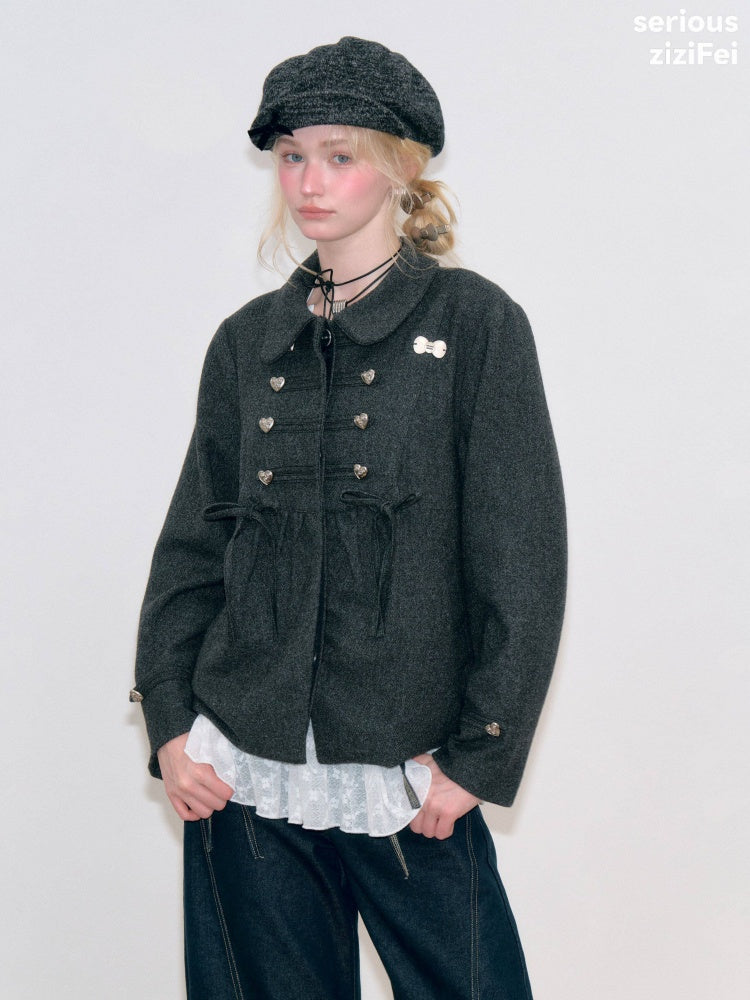 Dark Gray Vintage Doll Neckline Bow Napoleon Jacket【s0000018792】