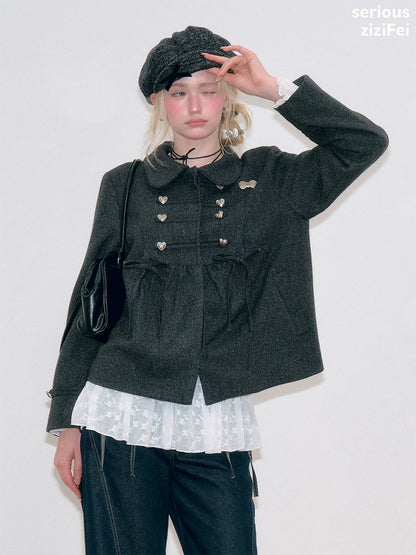 Dark Gray Vintage Doll Neckline Bow Napoleon Jacket【s0000018792】
