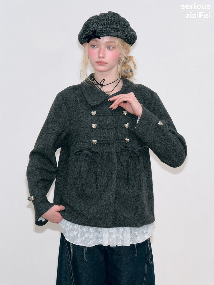Dark Gray Vintage Doll Neckline Bow Napoleon Jacket【s0000018792】