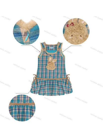 Blue-Green Plaid Plush Bunny Pocket Hem Vest Dress【s0000018793】