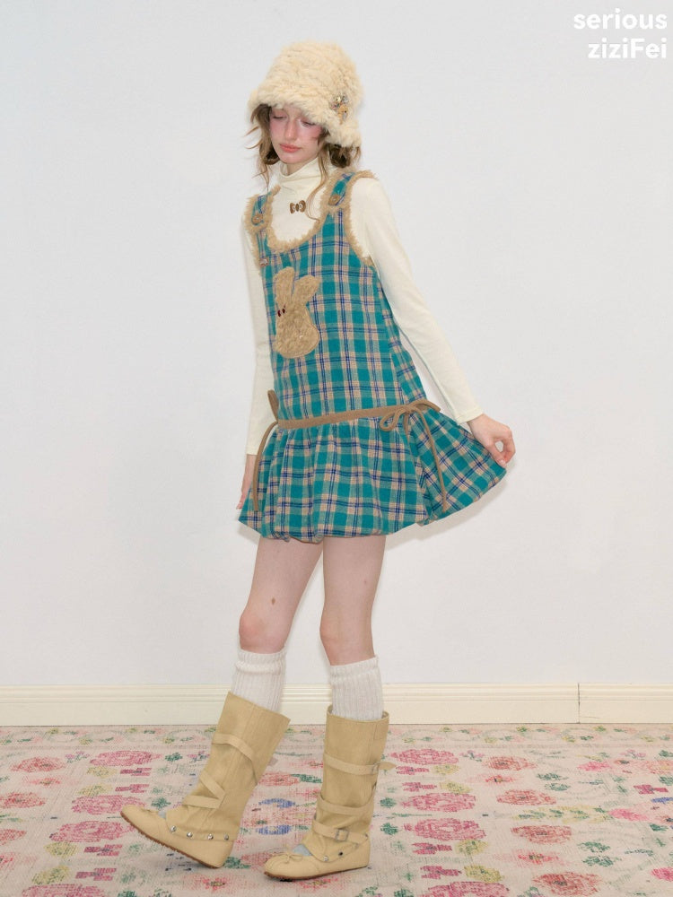 Blue-Green Plaid Plush Bunny Pocket Hem Vest Dress【s0000018793】