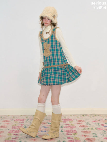 Blue-Green Plaid Plush Bunny Pocket Hem Vest Dress【s0000018793】