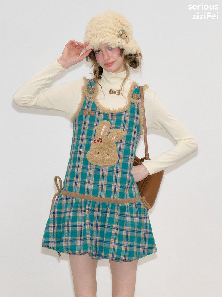Blue-Green Plaid Plush Bunny Pocket Hem Vest Dress【s0000018793】