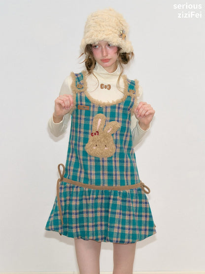Blue-Green Plaid Plush Bunny Pocket Hem Vest Dress【s0000018793】