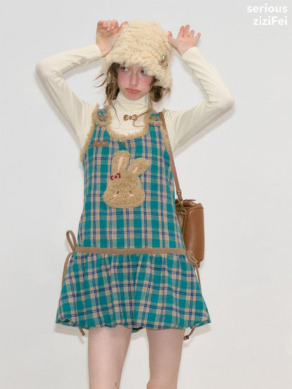 Blue-Green Plaid Plush Bunny Pocket Hem Vest Dress【s0000018793】