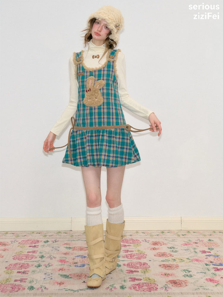 Blue-Green Plaid Plush Bunny Pocket Hem Vest Dress【s0000018793】