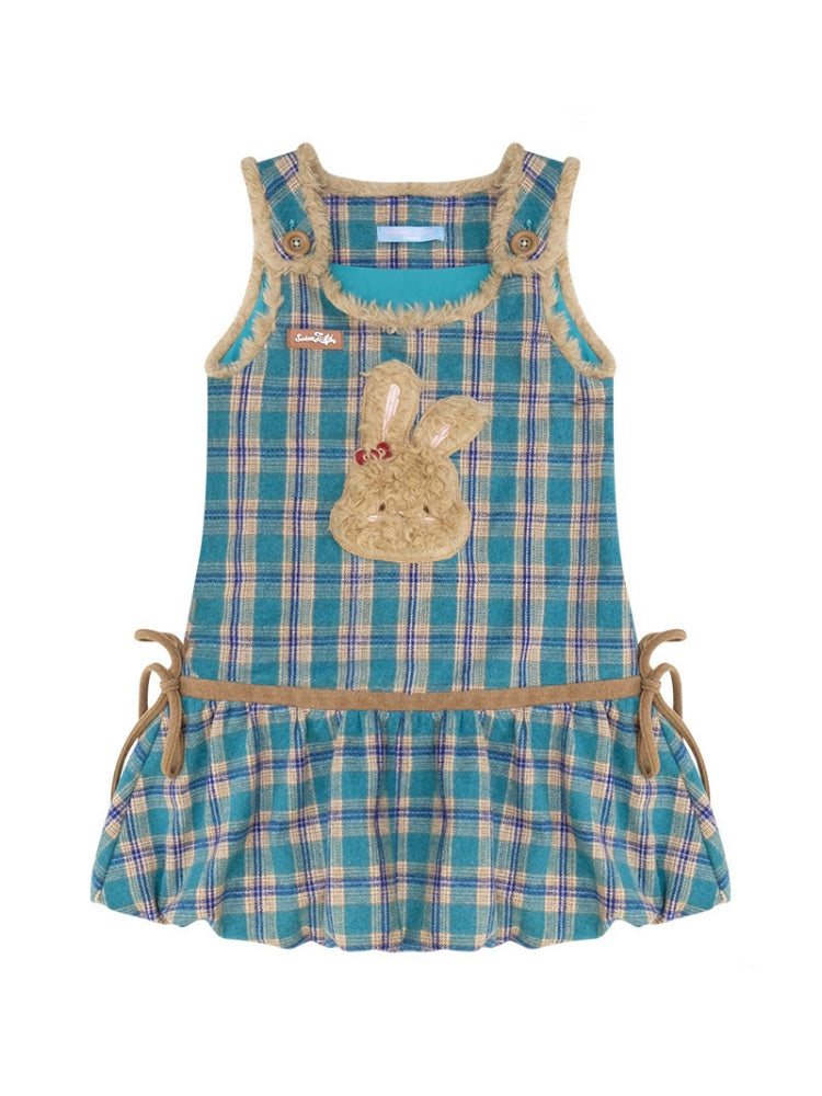 Blue-Green Plaid Plush Bunny Pocket Hem Vest Dress【s0000018793】