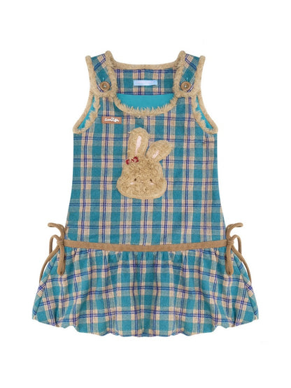 Blue-Green Plaid Plush Bunny Pocket Hem Vest Dress【s0000018793】