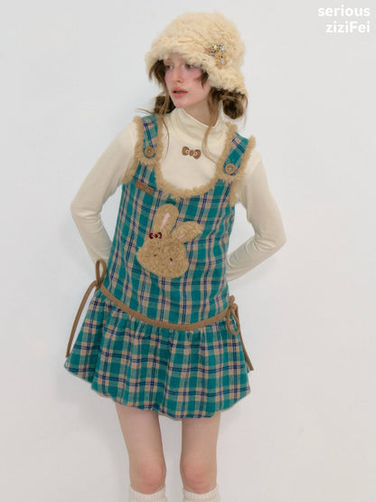 Blue-Green Plaid Plush Bunny Pocket Hem Vest Dress【s0000018793】