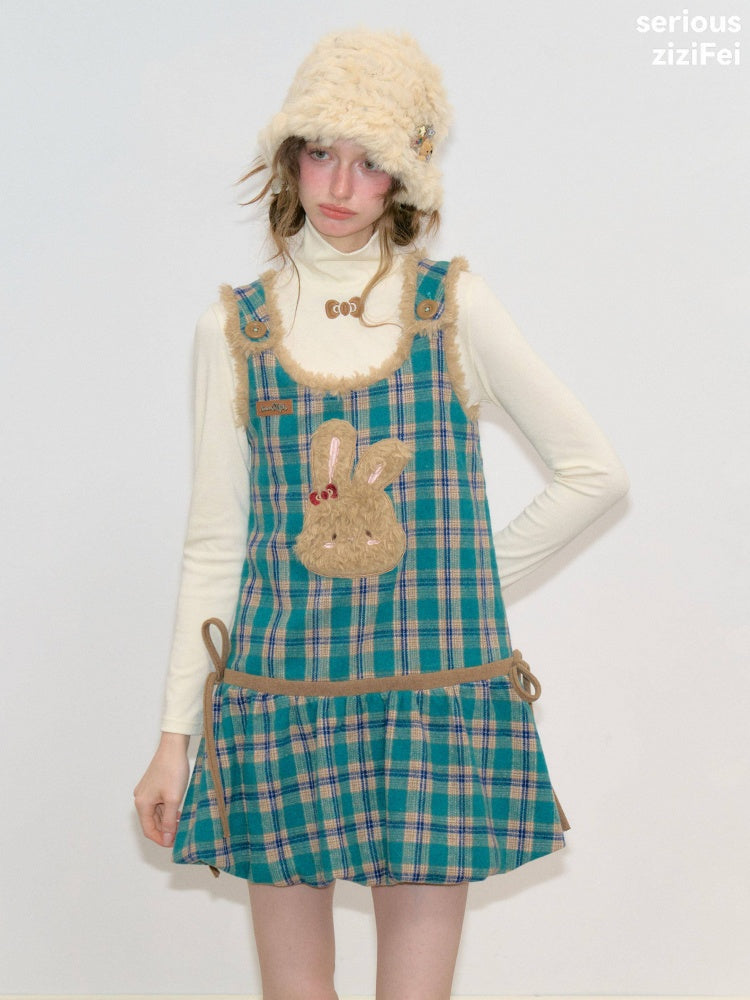 Blue-Green Plaid Plush Bunny Pocket Hem Vest Dress【s0000018793】