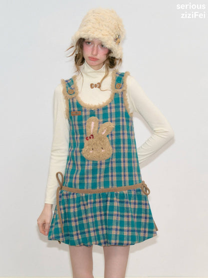 Blue-Green Plaid Plush Bunny Pocket Hem Vest Dress【s0000018793】