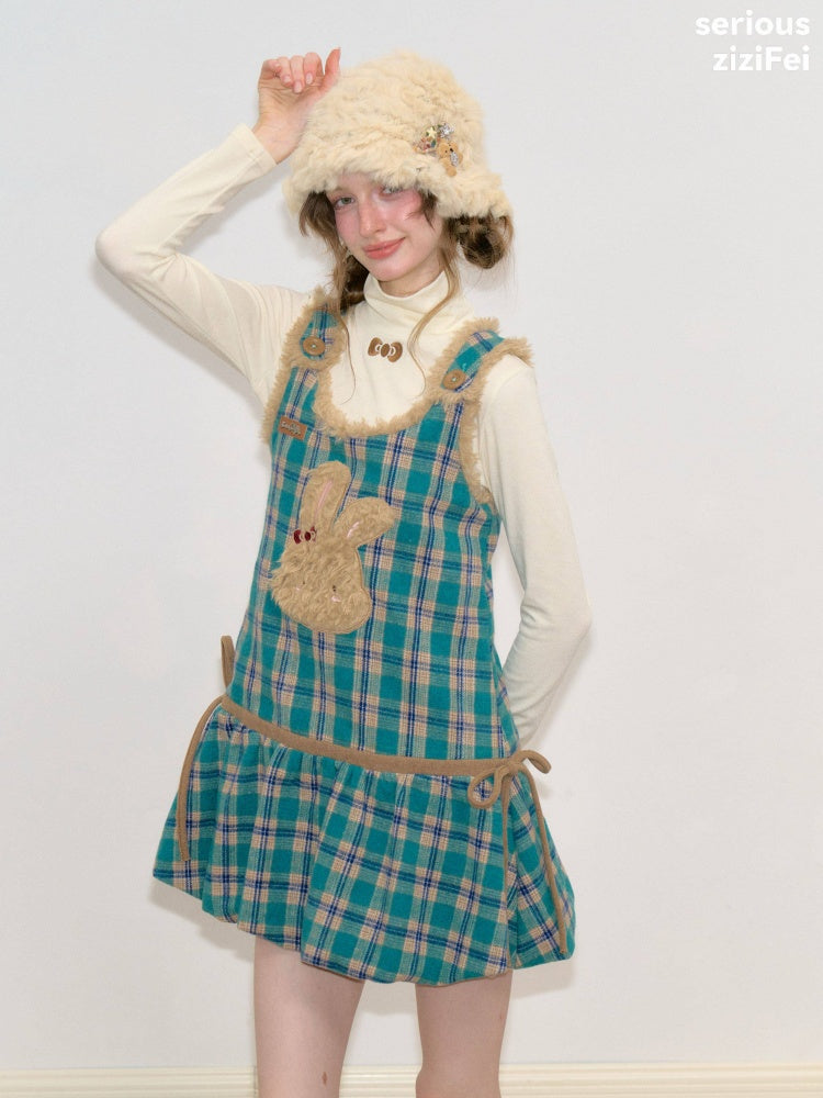 Blue-Green Plaid Plush Bunny Pocket Hem Vest Dress【s0000018793】