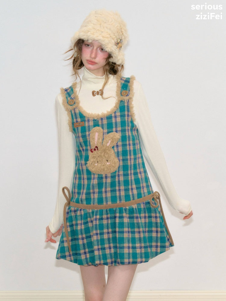 Blue-Green Plaid Plush Bunny Pocket Hem Vest Dress【s0000018793】