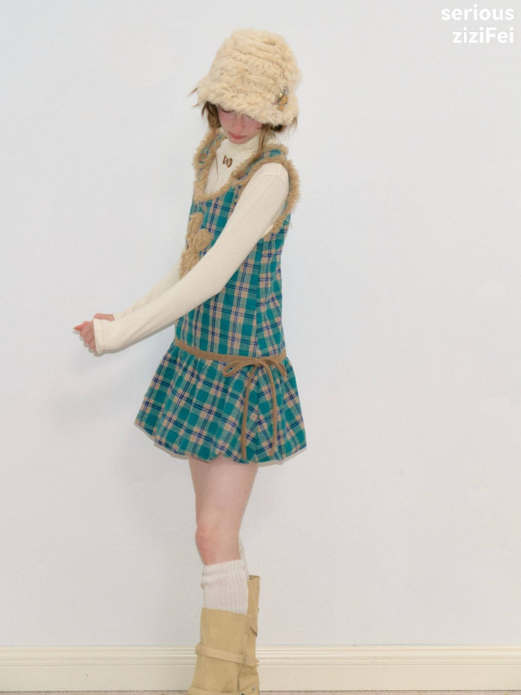Blue-Green Plaid Plush Bunny Pocket Hem Vest Dress【s0000018793】
