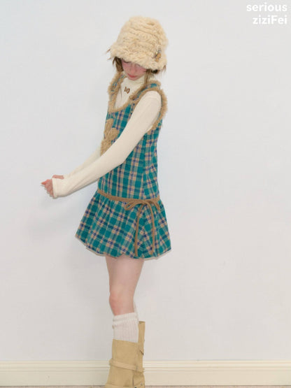 Blue-Green Plaid Plush Bunny Pocket Hem Vest Dress【s0000018793】