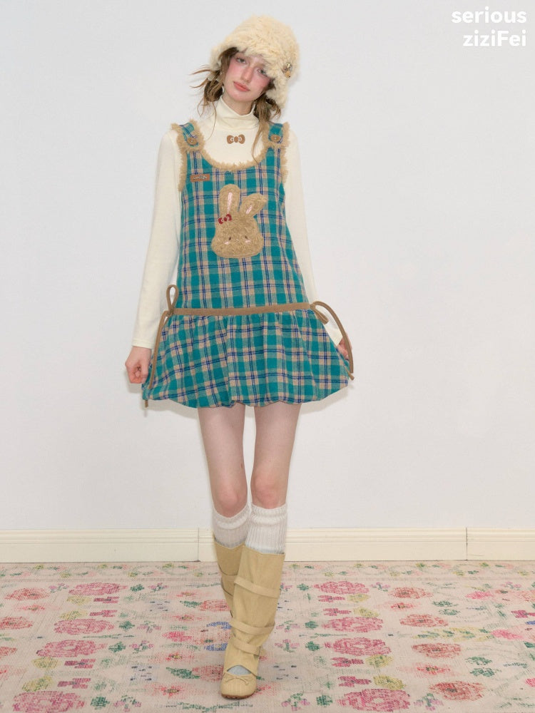 Blue-Green Plaid Plush Bunny Pocket Hem Vest Dress【s0000018793】