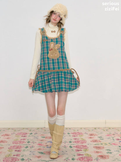 Blue-Green Plaid Plush Bunny Pocket Hem Vest Dress【s0000018793】