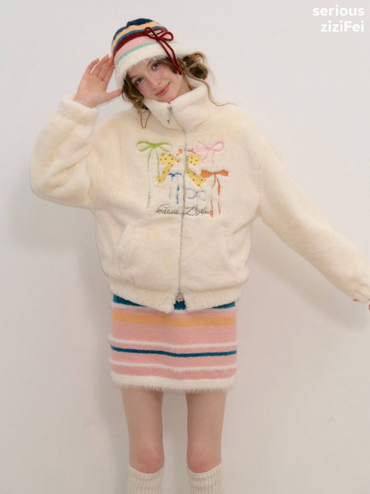 Vintage Bow Embroidery Soft Slimming Apricot Sherpa Jacket【s0000018794】