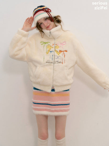 Vintage Bow Embroidery Soft Slimming Apricot Sherpa Jacket【s0000018794】